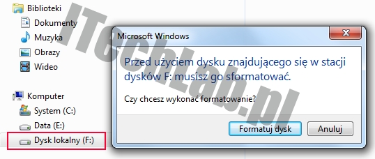 Dysk twardy chce się formatować, błąd systemu plików w MS Windows